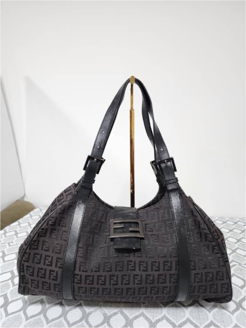 Authentic FENDI Zucchino Vitello Shoulder Bag Black